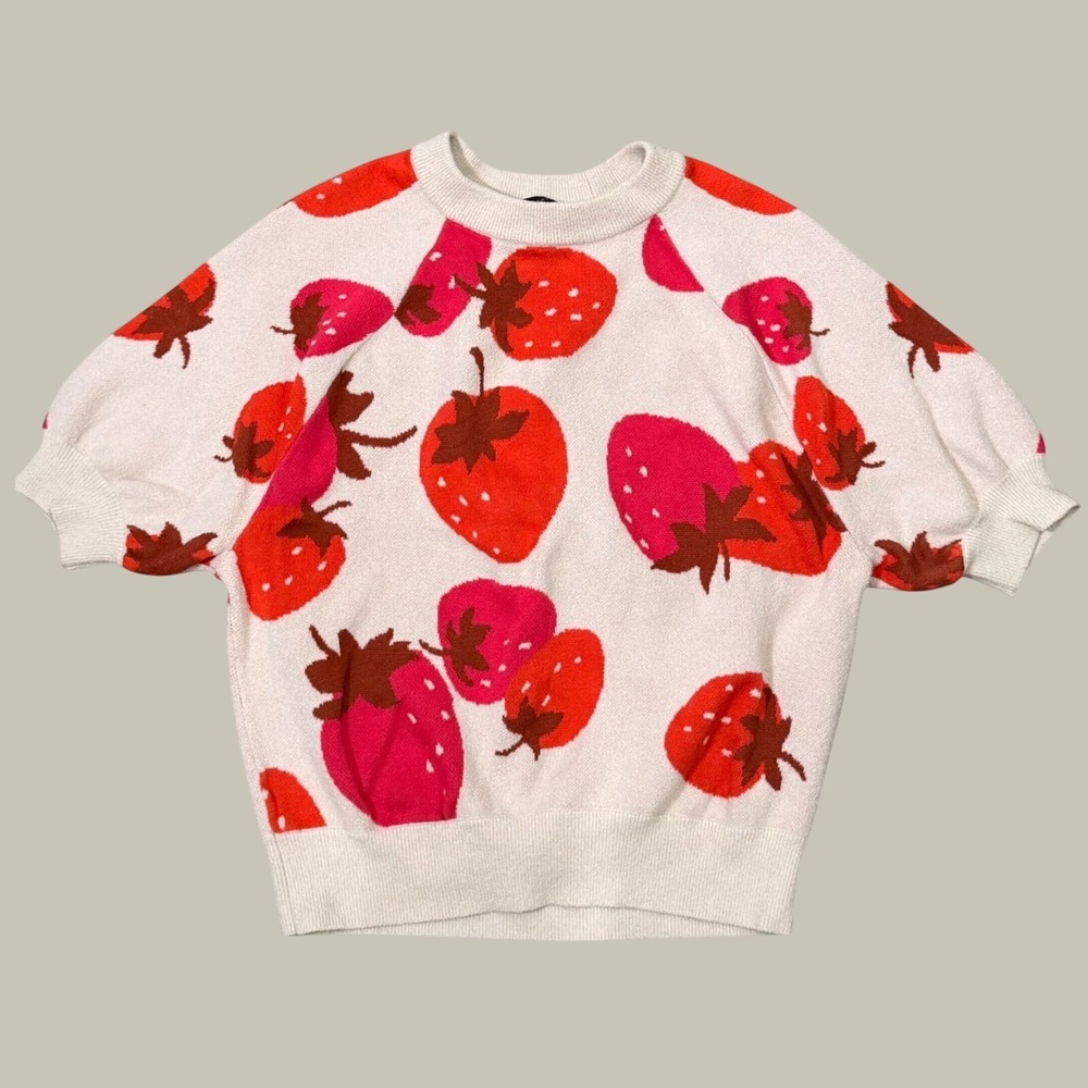 Ann Taylor Cottagecore Strawberry Short Sleeve Fruit Sweater S Intarsia Knit